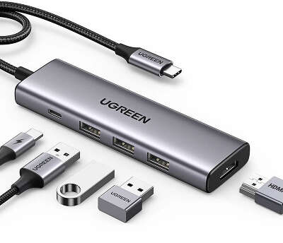 Конвертер UGREEN CM511 (15596) USB-C To HDMI 4K@30Hz+3*USB 3.0 A+PD Power Converter. Цвет: серый