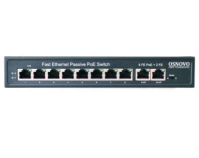 PoE Коммутатор OSNOVO SW-21000/A(120W) Passive PoE коммутатор Fast Ethernet на 10 портов. Порты: 8 х FE (10/100 Base-T, 52V 4,5(+) 7,8(–)) совместимы с PoE (IEEE 802.3af/at), 2 x FE (10/100 Base-T) Uplink. Совместим