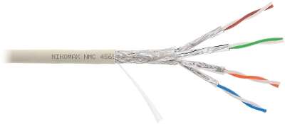 Кабель NIKOMAX S/FTP 4 пары, Кат.7 (Класс F), тест по ISO/IEC, 600МГц, одножильный, BC (чистая медь), 23AWG (0,56мм), полимерный материал нг(А)-LSLTx, внутренний, светло-серый, 500м - гарантия: 5 лет /15 лет системная