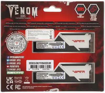 Память DDR5 2x32Gb 5200MHz Patriot PVV564G520C40K Viper Venom RTL Gaming PC5-41600 CL40 DIMM 288-pin 1.35В с радиатором Ret