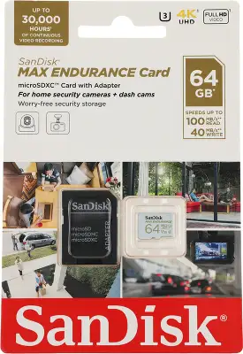 Карта памяти 64 Гб Micro SDXC SanDisk Max Endurance Class 10 V30 U3 [SDSQQVR-064G-GN6IA] c адаптером
