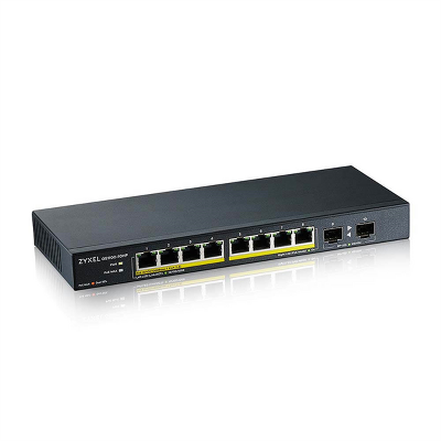 Коммутатор Коммутатор PoE+ Zyxel GS1100-10HP, 8xGE PoE+, 2xSFP, настольный, бесшумный, бюджет PoE 130 Вт, Kensigton lock