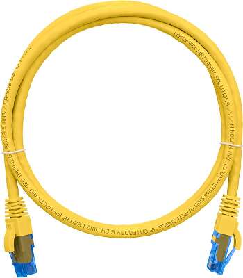 Коммутационный шнур NIKOMAX U/UTP 4 пары, Кат.6 (Класс E), 250МГц, 2хRJ45/8P8C, T568B, заливной, с защитой защелки, многожильный, BC (чистая медь), 24AWG (7х0,205мм), полимерный материал, исполнение кабельного изделия нг(А)-HF, желтый, 0,3м