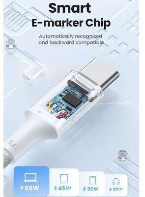 Кабель UGREEN L502 (65254) 100WUSB-C to USB-C PD Fast Charging Braided Cable 5A Max. Длина: 2м. голубой
