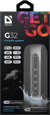 Портативная колонка DEFENDER G32 (черный, 20Вт, BT/FM/USB/TF/AUX/TWS/IP56) (65232)