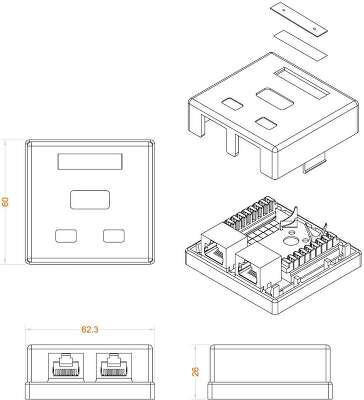 Розетка компьютерная Hyperline SB1-2-8P8C-C6-SH-WH  RJ-45(8P8C), кат 6, экранированная, двойная, внешняя, Dual IDC