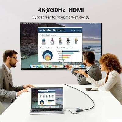Конвертер UGREEN CM512 (90568) 7-in-1 USB-C to 2*USB3.0+HDMI+RJ45+SD&TF +PD Port Converter. Цвет: серый