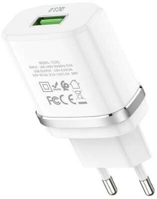 HOCO HC-16262 C12Q/ Сетевое ЗУ/ QC 3.0/ 1 USB/ Выход: 5V_9V_12V, 18W/ White