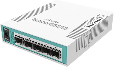 Коммутатор MikroTik Cloud Router Switch 106-1C-5S with QCA8511 400MHz CPU, 128MB RAM, 1x Combo port (Gigabit Ethernet or SFP), 5 x SFP cages, RouterOS L5, desktop case, PSU