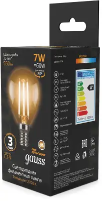 Лампа светодиодная Gauss 7Вт цок.:E14 шар 220B св.свеч.бел.теп. P45 (упак.:10шт) (105801107)