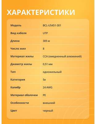 Кабель витая пара Bion BCL-U5451-301 U/UTP, кат.5e, 4x2x0,51мм AWG24, CCA, одножильный, PE, для внешней прокладки, 305м, черный