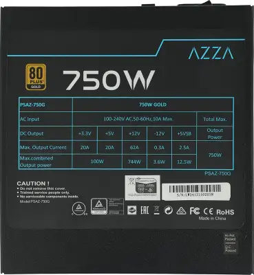 Блок питания Azza ATX 750W PSAZ-750G 80+ gold (20+4pin) APFC 120mm fan 6xSATA Cab Manag RTL