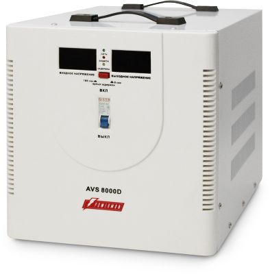 Стабилизатор POWERMAN AVS 8000D, ступенчатый регулятор, цифровые индикаторы уровней напряжения, 8000ВА, 140-260В, максимальный входной ток 40А, клеммная колодка, IP-20, напольный, 410мм х 280мм х 310мм, 13.5 кг./ Stabilizer POWERMAN AVS 8000D, step-type r