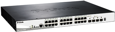 Коммутатор D-Link PROJ Настраиваемый L2+ стекируемый PoE-коммутатор, 24x1000Base-T PoE, 4x10GBase-X SFP+, PoE-бюджет 370 Вт, CLI, консольный порт RJ-45