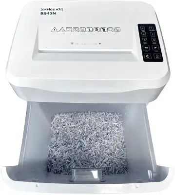 Шредер Office Kit S243N 3,9х38 белый (секр.P-4) фрагменты 35лист. 35лтр. скрепки скобы пл.карты CD