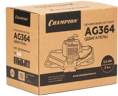 Мотобур Champion AG364 профес. 2-х такт. 2200Вт 3л.с. 64см3 8700об/мин