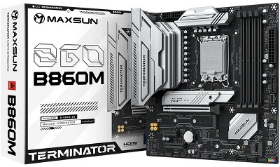 Материнская плата MAXSUN MS-Terminator B860M, LGA1851, B860, 4*DDR5, 4*SATA3, 3*M.2, USB 3.2, USB 2.0, Type-C, 1*PCIEx16, 1*PCIex4, 1*PCIex1, HDMI+DP, mATX