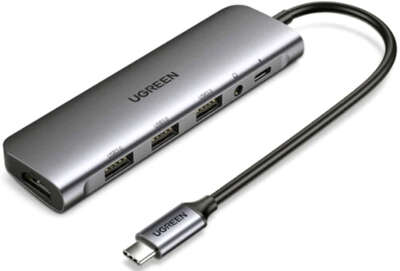 Адаптер Ugreen CM136 Multifunctional Adapte USB-C to to HDMI/3xUSB 3.0/USB-C PD/ miniJack 3.5 мм, Grey [80132]