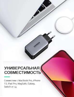 Зарядное устройство UGREEN CD244 (10335) Nexode 65W USB-A+2*USB-C GaN Tech Fast Charger EU. Цвет: серый
