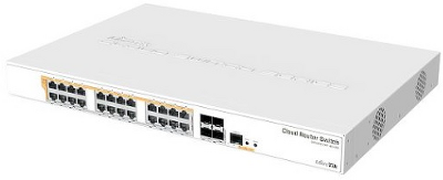 Коммутатор MikroTik Cloud Router Switch 328-24P-4S+RM with 800 MHz CPU, 512MB RAM, 24xGigabit LAN (all PoE-out), 4xSFP+ cages, RouterOS L5 or SwitchOS (dual boot), 1U rackmount case, 500W built-in PSU