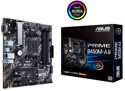 ASUS PRIME B450M-A II (Socket AM4, mATX, 4xDDR4(128GB), VGA/DVI-D/HDMI 2.0, 1xPCIe 3.0x16/2xPCIe 2.0, 1xLAN, 6xSATA 6Gb/s, 1xM.2, 6xUSB 3.2, 1xPS/2)