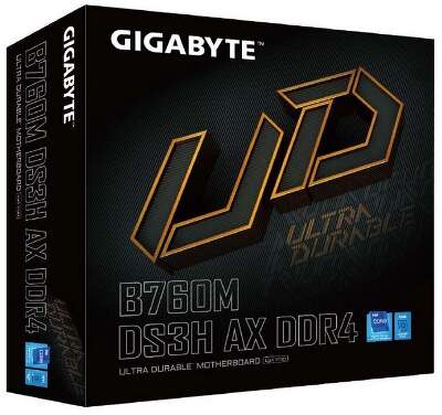 Материнская плата Gigabyte B760M DS3H AX DDR4, Socket 1700, Intel®B760, 4xDDR4-3200, HDMI+DP+DP, 1xPCI-Ex16, 2xPCI-Ex1, 4xSATA3(RAID 0/1/5/10), 2xM.2, 8Ch Audio, GLan, WiFi, (2+4)xUSB2.0, (3+2)xUSB3.2, (1+0)xUSB3.2 Type-C™, 1xPS/2, mATX, RTL