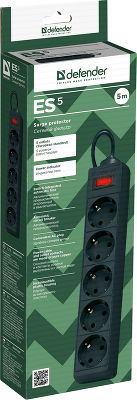 Сетевой фильтр Defender ES 5 5 м, черный, 5 розеток/ Surge Protector Defender ES 5 5m, black, 5 outlets