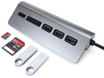 USB-концентратор Satechi Type-C USB Hub & Micro/SD Card Reader. Интерфейс USB-C. 3 порта USB 3.0 , слоты для карты памяти. Цвет серый космос.
