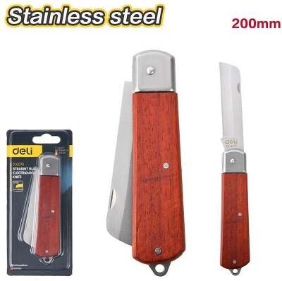 Нож электрика прямой складной Deli DL0070 длина 200мм, нержавеющая сталь, деревянная рукоять