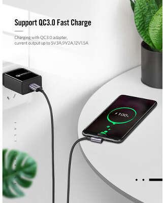 Кабель угловой UGREEN US284 (50941) Angled 90° USB-C Male to USB2.0 A Male 3A Data Cable.  Длина 1 м. Цвет: серый космос