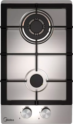 Газовая варочная поверхность Midea/ Газовая варочная поверхность Домино, ширина 30 см, 2 газовые конфорки Defendi, 1 конфорка повышенной мощности WOK 3,3 кВт с тремя рядами пламени, фронтальные поворотные регуляторы, электроподжиг, газ-контроль каждой кон