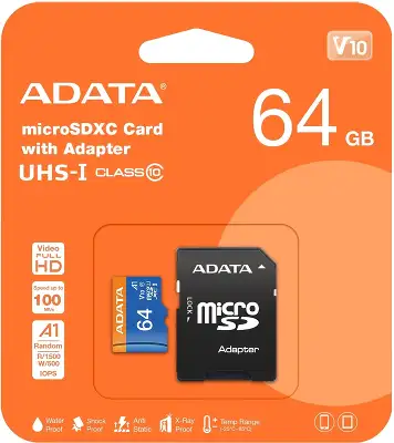 Карта памяти 64 Гб Micro SDXC ADATA Premier Pro, Class 10 UHS-I U1 [AUSDX64GUICL10A1-RA1] с адаптером
