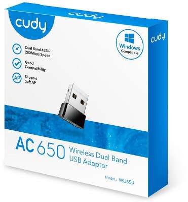 Адаптер беспроводной связи (Wi-Fi) CUDY AC650 Wi-Fi Mini USB Adapter 650Mbps Wi-Fi USB Adapter, Mini Size, 433Mbps at 5GHz + 200Mbps at 2.4GHz, Nano Size, USB 2.0