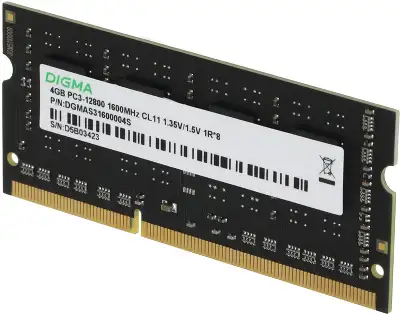 Память DDR3 4GB 1600MHz Digma DGMAS31600004S RTL PC3-12800 CL11 SO-DIMM 204-pin 1.35В single rank Ret