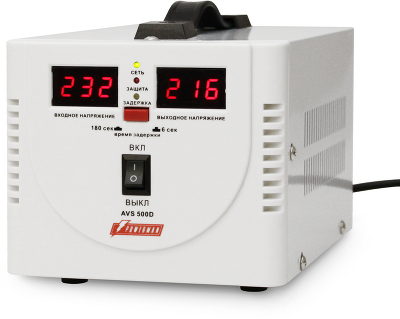 Стабилизатор POWERMAN AVS 500D, ступенчатый регулятор, цифровые индикаторы уровней напряжения, 500ВА, 140-260В, максимальный входной ток 5А, 2 евророзетки, IP-20, напольный, 200мм х 150мм х 140мм, 2,3 кг./ Stabilizer POWERMAN AVS 500D, step-type regulator