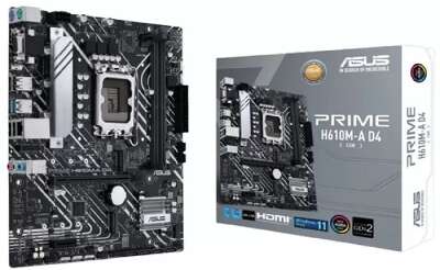ASUS PRIME H610M-A D4-CSM (Socket 1700, mATX, 2xDDR4(64GB),  VGA/DP/HDMI 2.1, 1xPCIe 4.0x16/1xPCIe 3.0, 1xLAN, 4xSATA 6Gb/s, 2xM.2, 1xM.2 E key, 2xUSB 3.2, 4xUSB 2.0, 2xPS/2)
