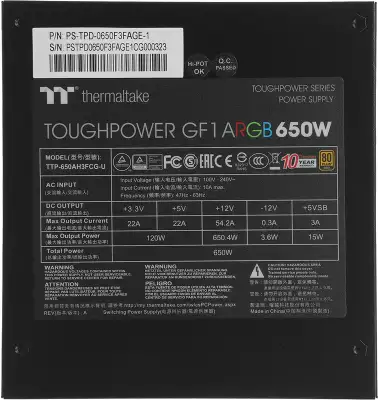 Блок питания Thermaltake ATX 650W Toughpower GF1 ARGB 80+ gold (20+4pin) APFC 140mm fan color LED 9xSATA Cab Manag RTL