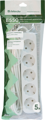 Удлинитель с заземлением Defender E550 5.0 м, 5 розеток (пакет)