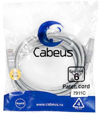 Cabeus PC-FTP-RJ45-Cat.6-3m-LSZH Патч-корд F/UTP, категория 6, 2xRJ45/8p8c, экранированный, серый, LSZH, 3м