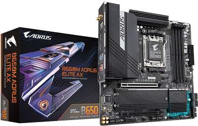 Материнская плата Gigabyte B650M AORUS ELITE AX, Socket AM5, AMD B650, 4xDDR5-5200, HDMI+DP, 2xPCI-Ex16, 4xSATA3(RAID 0/1/10), 2xM.2, 8 Ch Audio, 2.5GLan, WiFi, (4+4)xUSB2.0, (7+2)xUSB3.2, (1+1)xUSB3.2 Type-C™, mATX, RTL {} (849399)