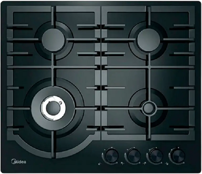 Газовая варочная поверхность Midea/ MDK/Газовая варочная поверхность,закаленное стекло, ширина 60 см, 4 газовые конфорки, 1 конфорка повышенной мощности WOK (4 кВт), фронтальные поворотные регуляторы, электроподжиг, газ-контроль каждой конфорки, чугунные 