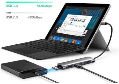 Хаб UGREEN CM195 (70411) 6-in-1 USB-C to 2 Ports USB3.0-A Hub + HDMI + TF/SD with PD. Цвет: серый космос
