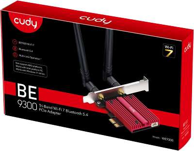 Адаптер беспроводной связи (Wi-Fi) CUDY BE9300 7 PCI Express Adapter 7 Bluetooth 5.4 PCI Express Adapter with Heatsink, Intel BE200 module, Tri-band 2T2R, 5.8Gbps@6Ghz+2.8Gbps@5GHz + 688Mbps@2.4GHz, 802.11be/ax/ac/a/b/g/n, Magnetized antenna base, 2 high 