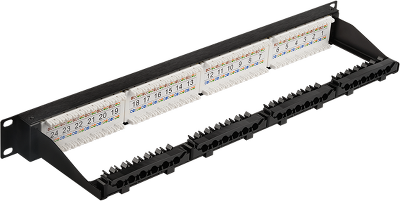 Патч-панель Патч-панель 19", 24 порта RJ45, неэкранированная, кат.5E, 1U, с задним органайзером с фиксаторами кабеля