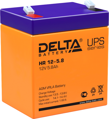 Батарея DELTA серия HR, HR 12-5,8, напряжение 12В, емкость 5.8Ач (разряд 20 часов), макс. ток разряда (5 сек.) 75А, макс. ток заряда 1.74А, свинцово-кислотная типа AGM, клеммы F2, ДxШxВ 90х70х101мм., вес 1.95кг., срок службы 8 лет./ Battery DELTA series H