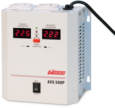 Стабилизатор POWERMAN AVS 500P, ступенчатый регулятор, цифровые индикаторы уровней напряжения, 500ВА, 110-260В, максимальный входной ток 5А, 2 евророзетки, IP-20, навесной, 185мм х 170мм х 100мм, 2,5 кг./ Stabilizer POWERMAN AVS 500P, step-type regulator,
