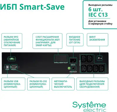 ИБП Smart-Save SMT Systeme Electric 1000 ВА RM 2U AVR 6 C13 230 В SmartSlot [SMTSE1000RMI2U]