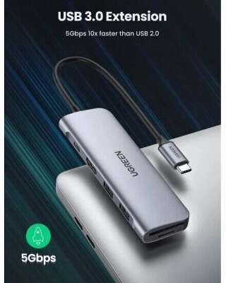 Хаб UGREEN CM195 (70411) 6-in-1 USB-C to 2 Ports USB3.0-A Hub + HDMI + TF/SD with PD. Цвет: серый космос