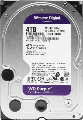 Жесткий диск SATA3 4Tb [WD43PURZ] (HDD) Western Digital Purple, 5400rpm, 256Mb