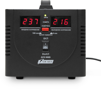 Стабилизатор POWERMAN AVS 500D, черный, ступенчатый регулятор, цифровые индикаторы уровней напряжения, 500ВА, 140-260В, максимальный входной ток 5А, 2 евророзетки, IP-20, напольный, 200мм х 150мм х 140мм, 2,3 кг./ Stabilizer POWERMAN AVS 500D, black, step